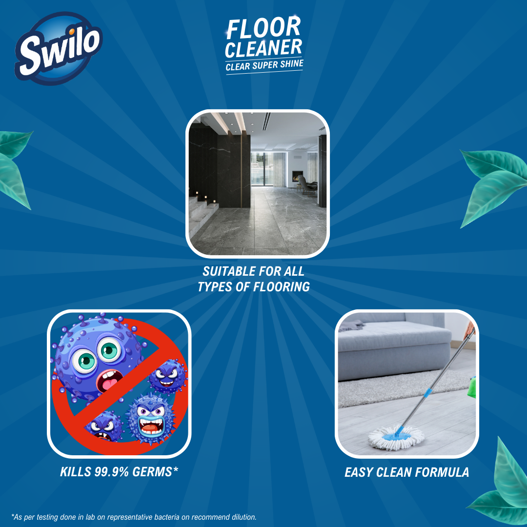 Swilo Floor Cleaner – Powerful Stain Removal & Long-Lasting Freshness | Clear Super Shine- Kills 99.9% Germs* | Pack of 2