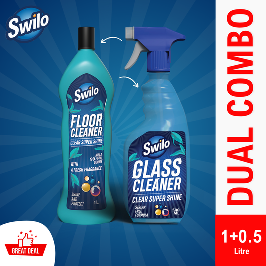 Swilo Combo Pack – Floor Cleaner (1L) & Glass Cleaner (500ml) | Powerful Stain Removal & 99.9% Germ Protection | Streak-Free Shine | Long-Lasting Fresh Fragrance | Eco-Friendly Daily Cleaning Combo