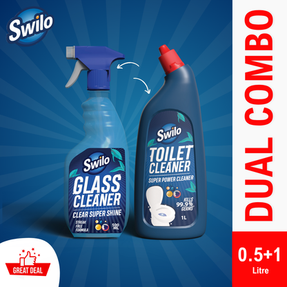 Swilo Cleaning Combo – Toilet Cleaner + Glass Cleaner | Deep Hygiene & Crystal Clear Shine | 99.9% Germ Protection & Streak-Free Cleaning